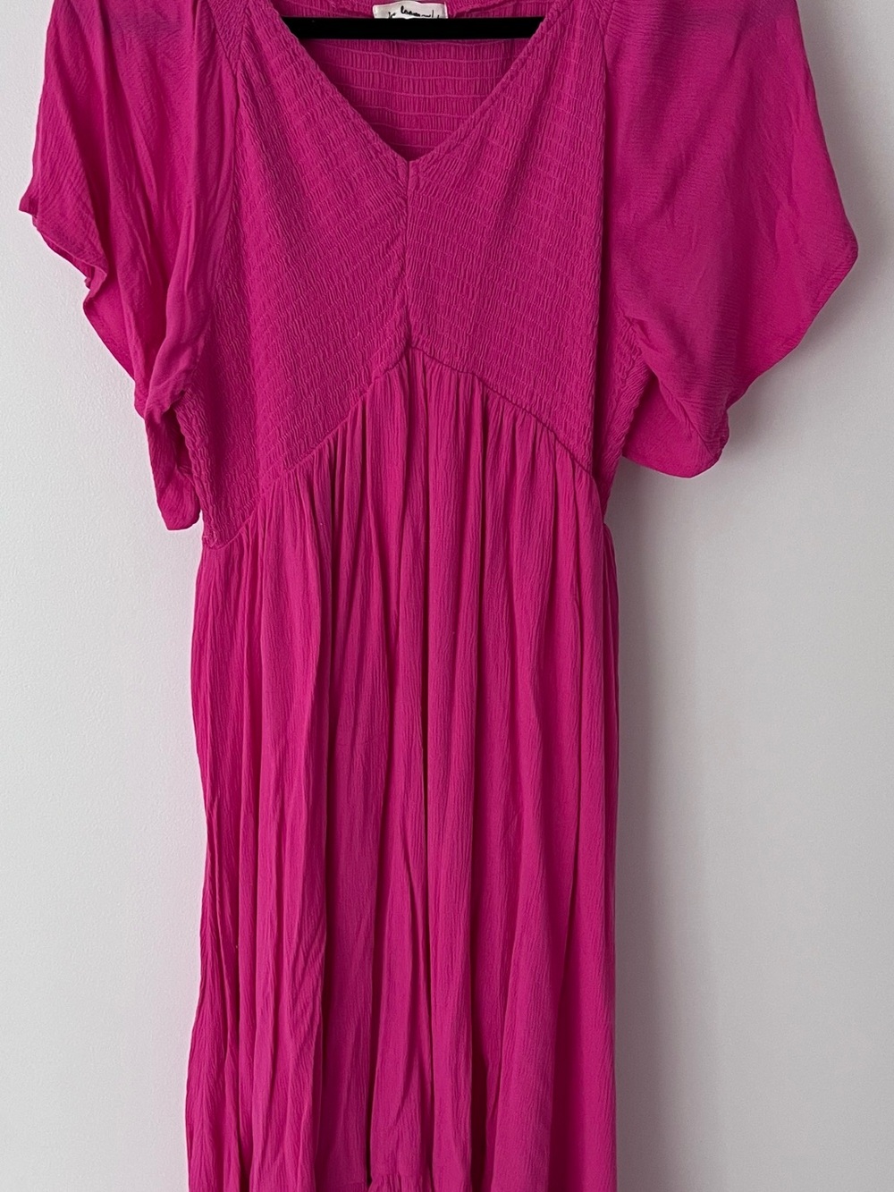 Maternity Midi Dress in Vibrant Fuchsia with V-Neck and Smocked Bodice